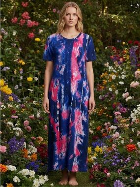 Tie-Dye Navy and Pink Short-Sleeve Maxi Dress